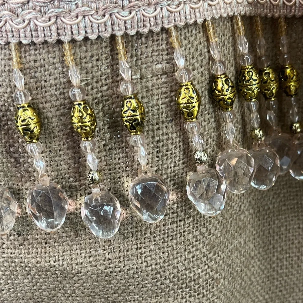 Set of 2 Handmade Embellished Burlap Curtain Panels Patterned Fabric w/ Beads